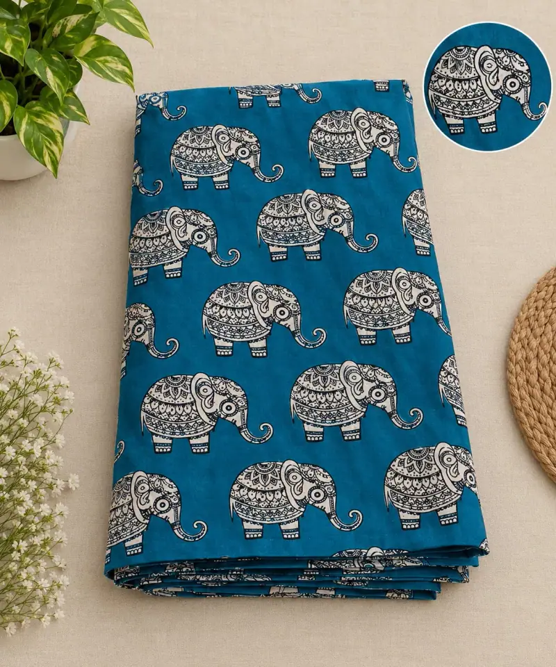 Traditional Kalamkari Cotton Fabric – Teal Elephant