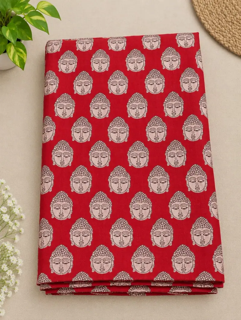 Traditional Kalamkari Cotton Fabric – Red Buddha Face