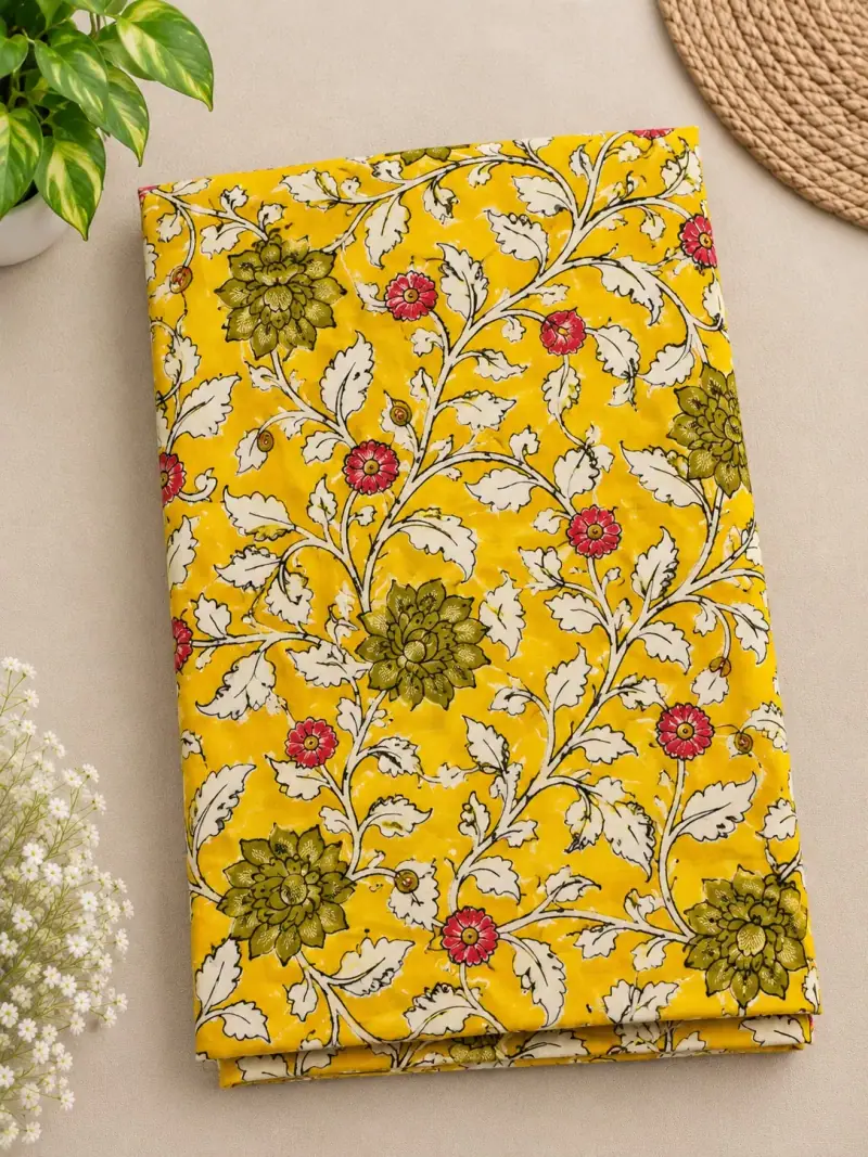 Traditional Kalamkari Cotton Fabric – Yellow Floral Vine
