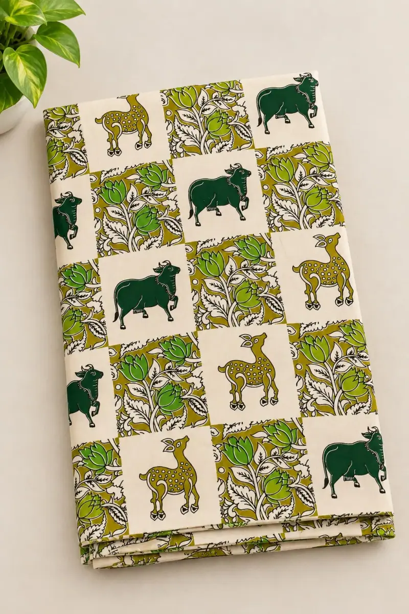 Traditional Kalamkari Cotton Fabric – Green Cow and Deer Panels