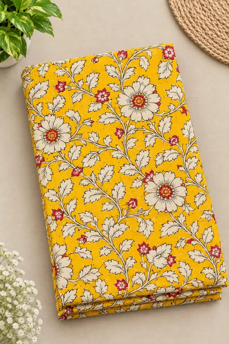 Traditional Kalamkari Cotton Fabric – Yellow Daisy Vine