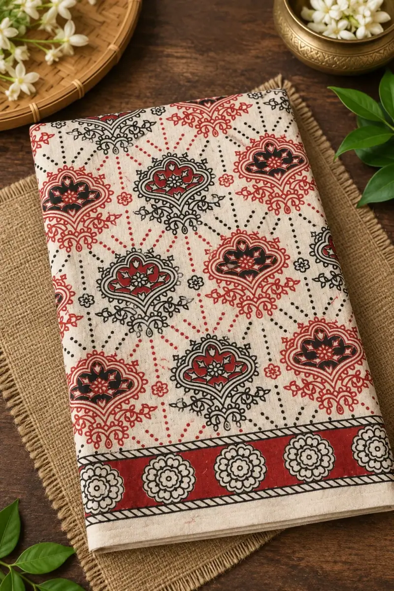 KALAMKARI COTTON LUNGIS – Red and Black Floral Fan