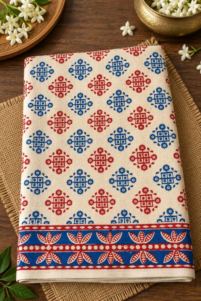 Kalamkari Cotton Lungi – Blue and Red Geometric