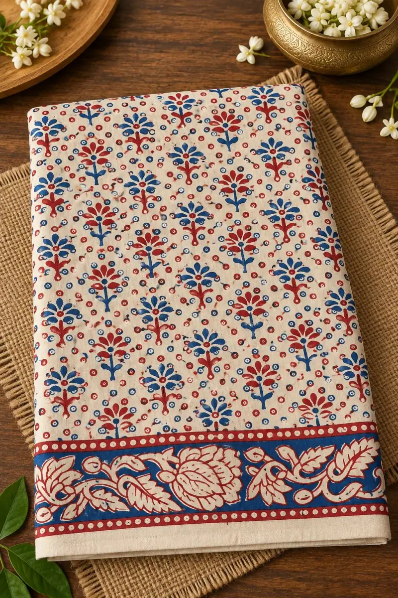Kalamkari Cotton Lungi – Red and Blue Floral Buti
