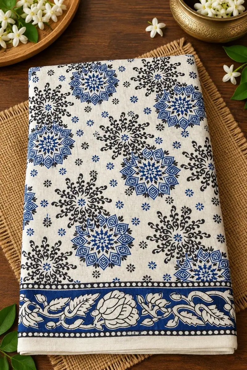 Kalamkari Cotton Lungi – Blue and Black Mandala