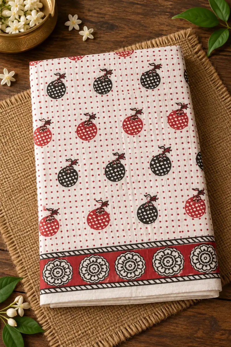 Kalamkari Cotton Lungi – Red and Black Pomegranate