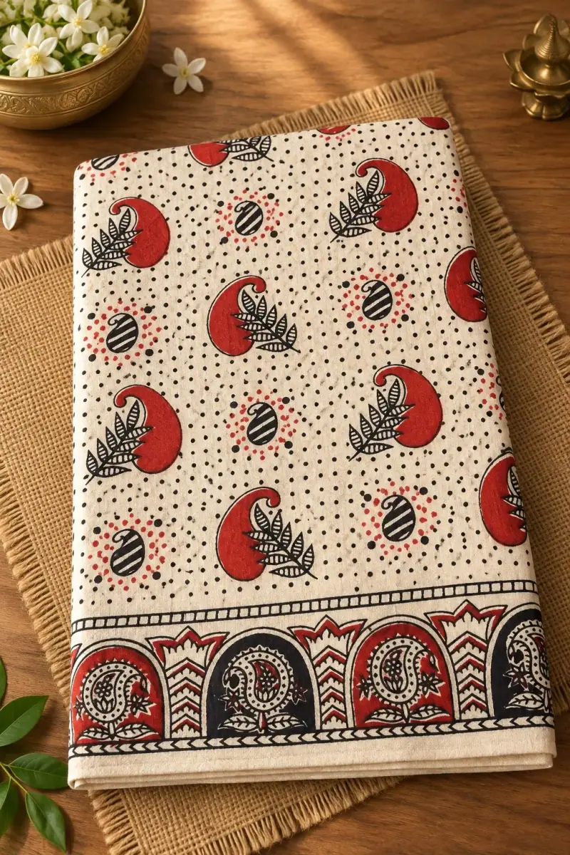 Kalamkari Cotton Lungi – Red Paisley and Leaf