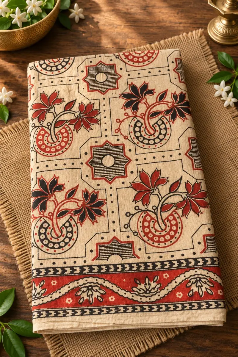 Kalamkari Cotton Lungi – Red and Black Lotus Tile