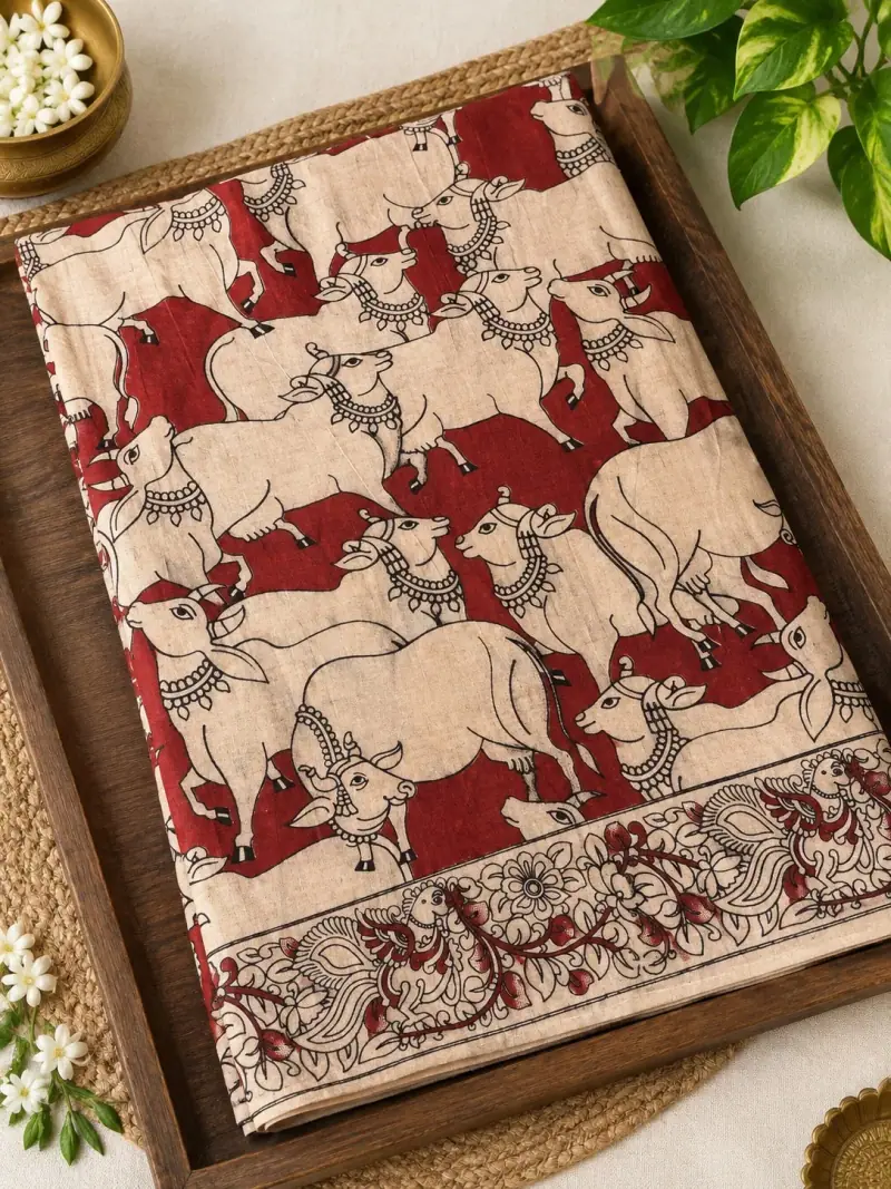 Kalamkari Cotton Saree – Cow Herd Design