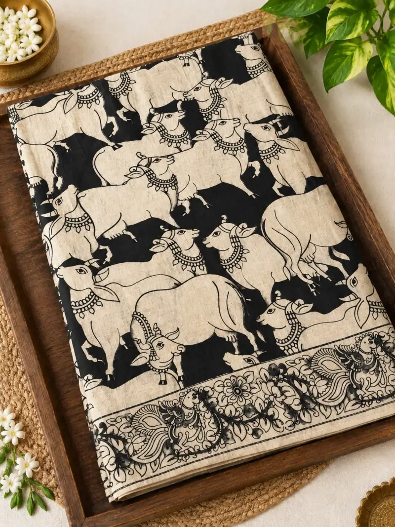 Kalamkari Cotton Saree – Cow Herd Design