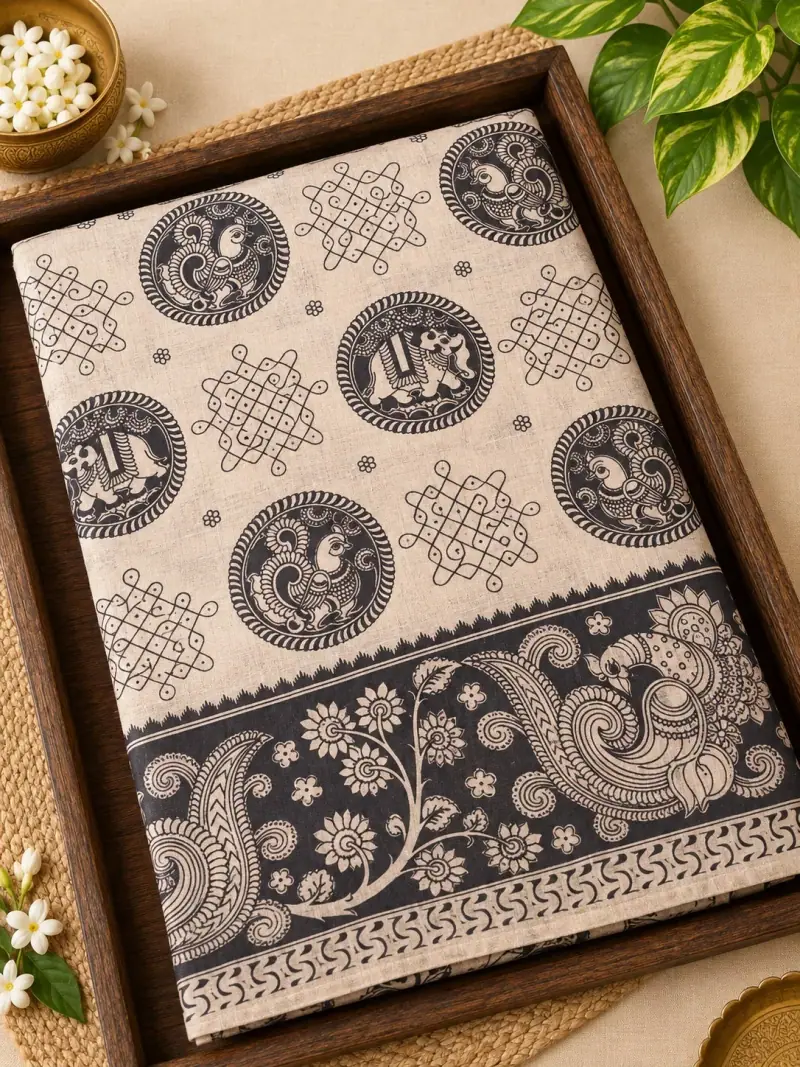 Kalamkari Cotton Sarre – Medallion and Kolam Design