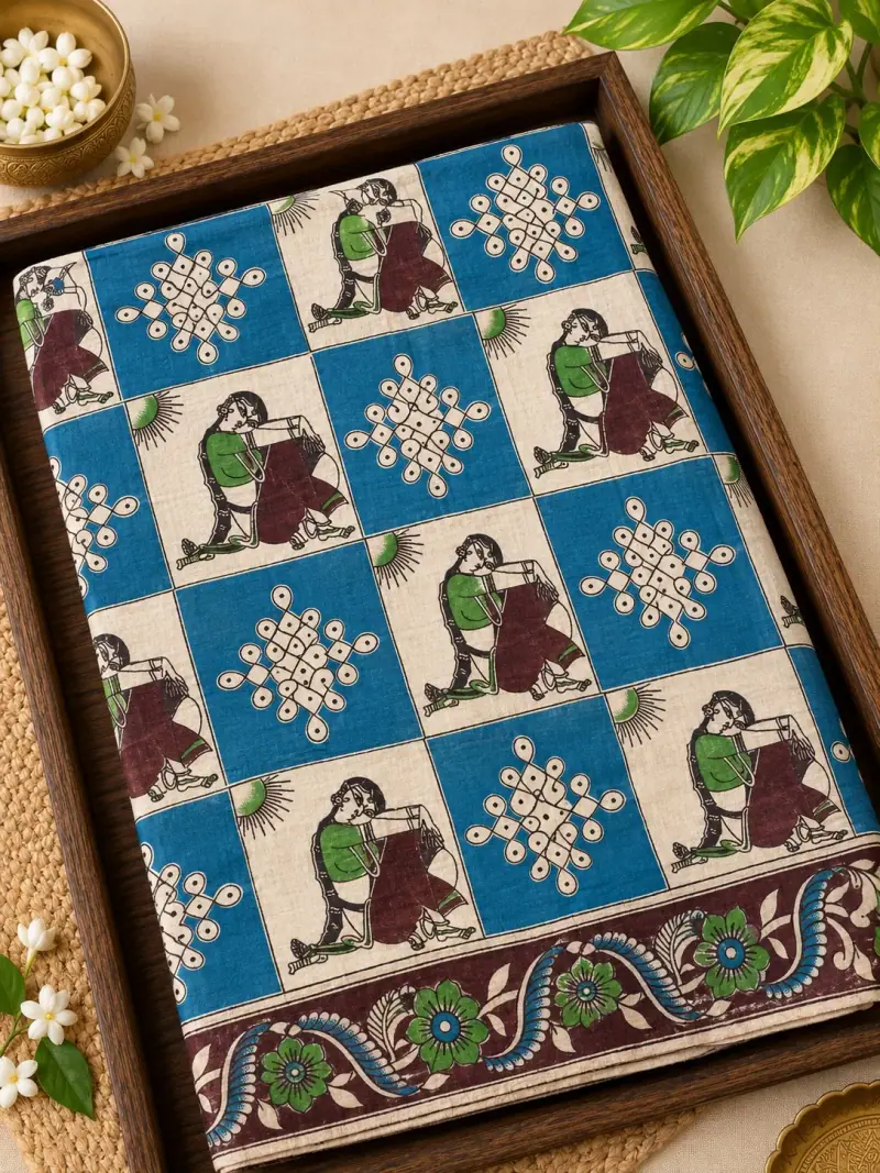 Kalamkari Cotton Saree – Women and Kolam Panels Design