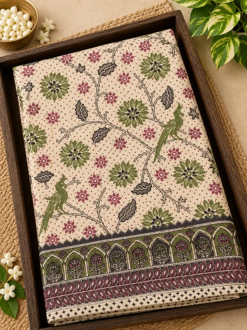 Kalamkari Cotton Saree – Floral Vine and Parrot Design