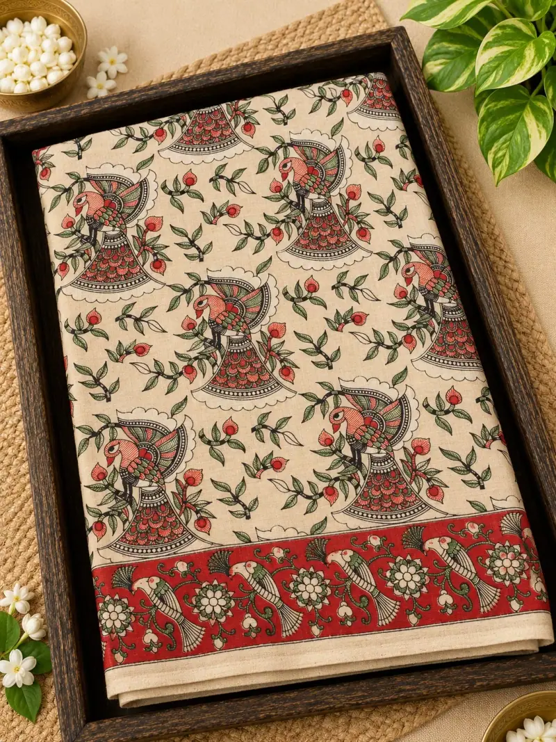 Kalamkari Cotton Saree – Peacock Design