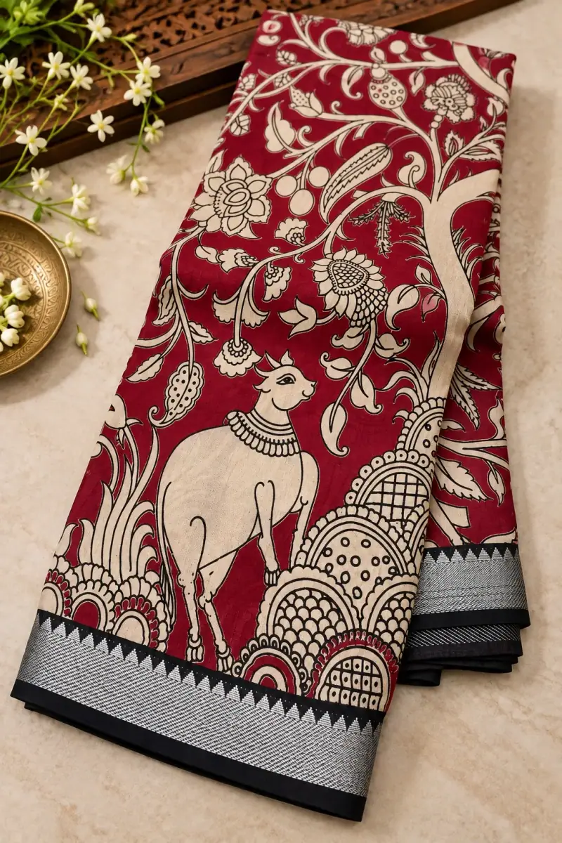 Nizam Border Kalamkari Silk Saree – Maroon Cow and Tree