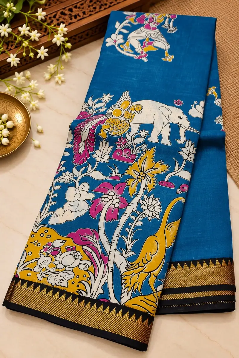 Nizam Border Silk Saree – Blue Elephant Garden