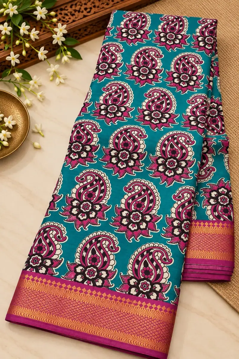 Nizam Border Silk Saree – Turquoise Paisley