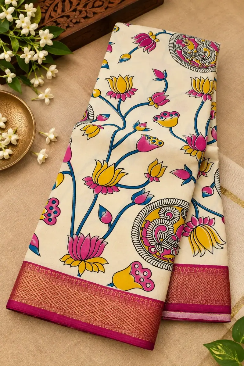 Nizam Border Silk Saree – Cream Lotus