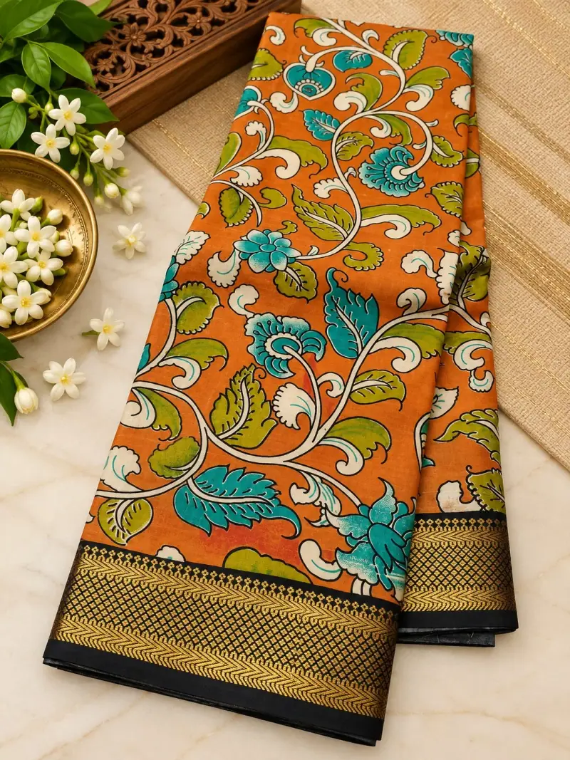 Nizam Border Silk Saree – Orange Floral Vine