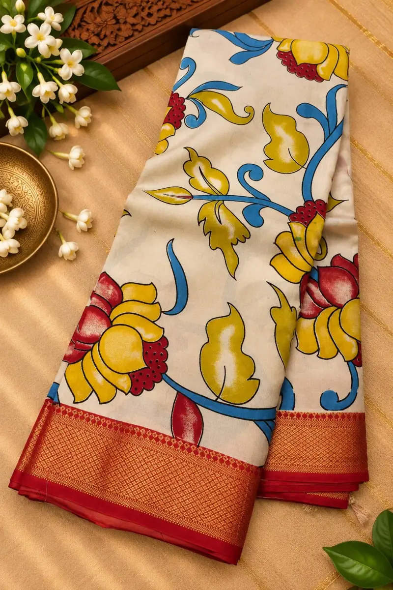 Nizam Border Silk Saree – Cream Yellow Lotus