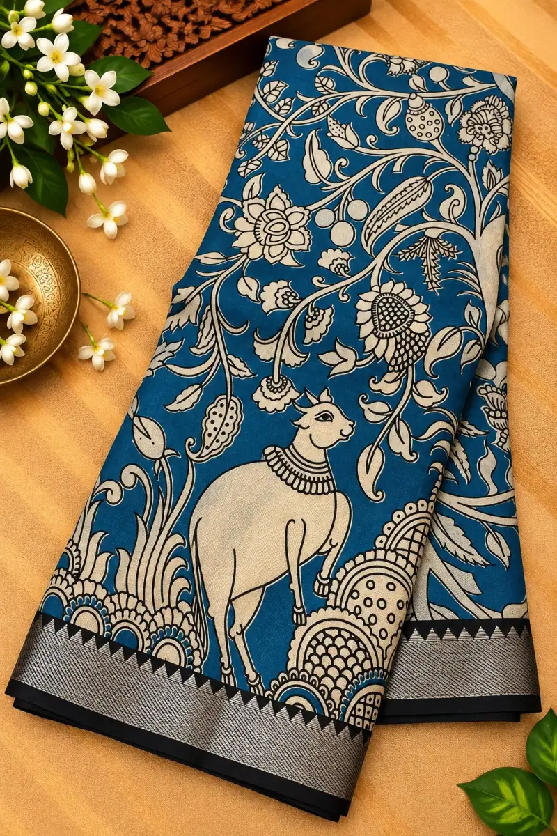 Nizam Border Silk Saree – Blue Cow and Floral