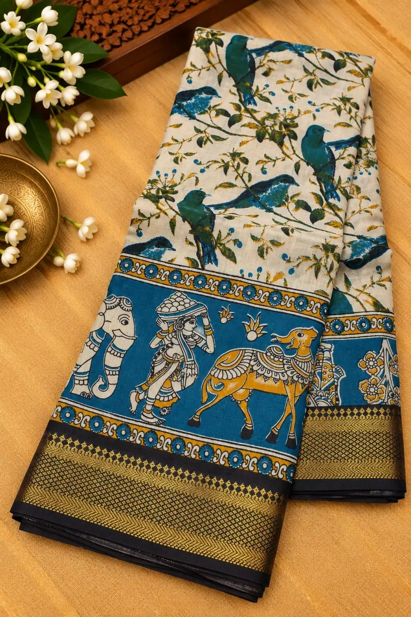 Nizam Border Silk Saree – Cream Blue Birds