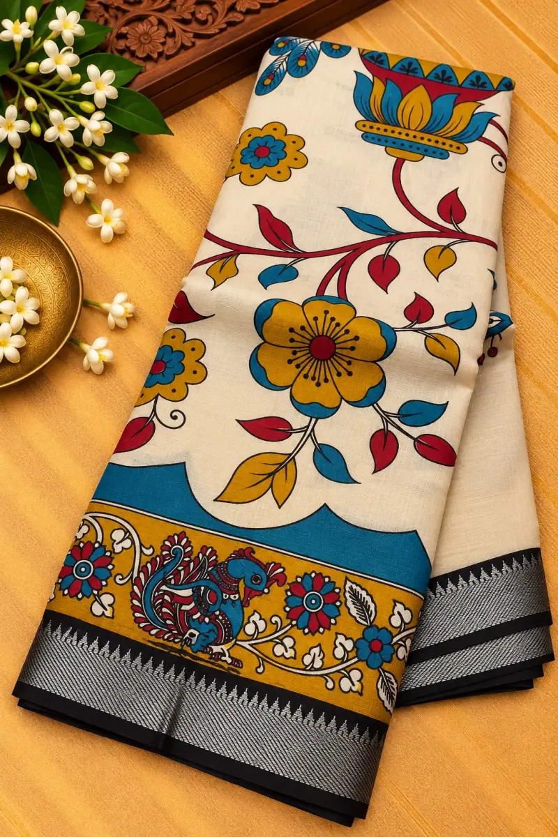Nizam Border Silk Saree – Cream Floral