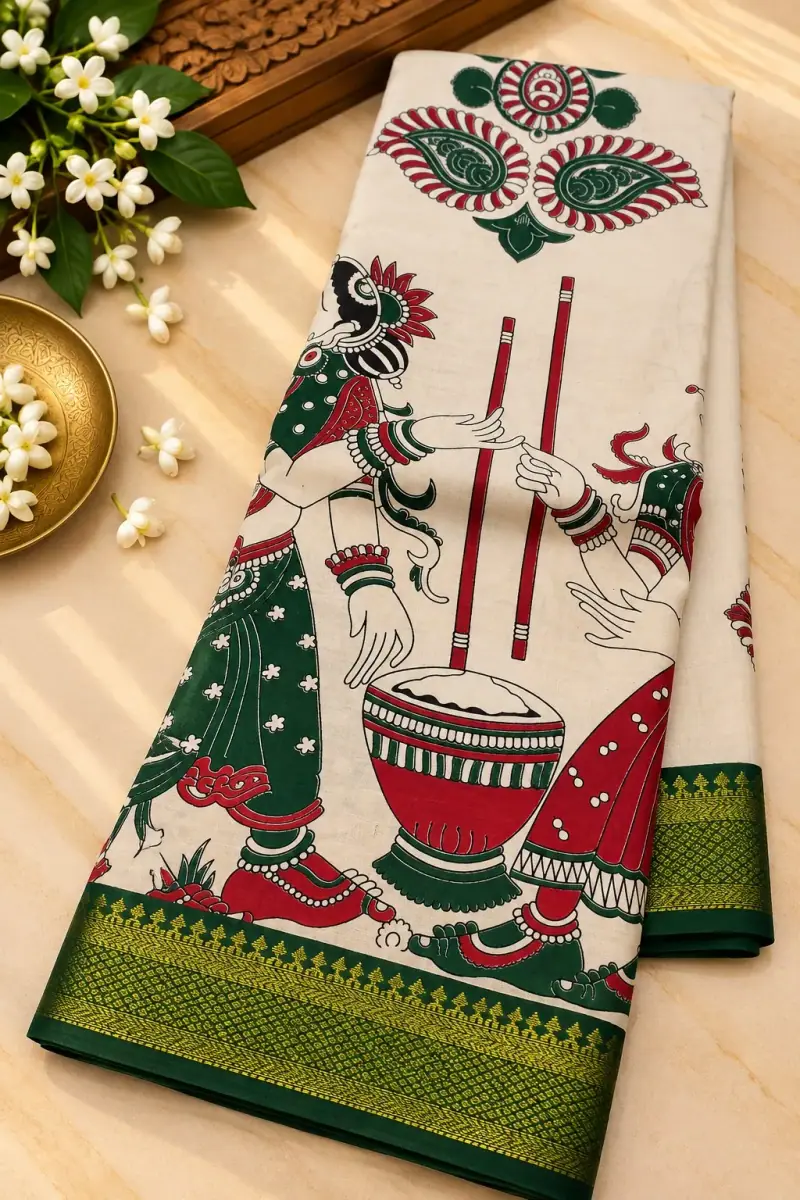 Nizam Border Silk Saree – Cream Women Churning Butter