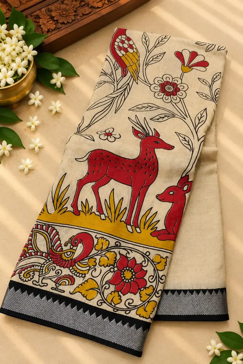 Nizam Border Silk Saree – Cream Red Deer with Yellow Band