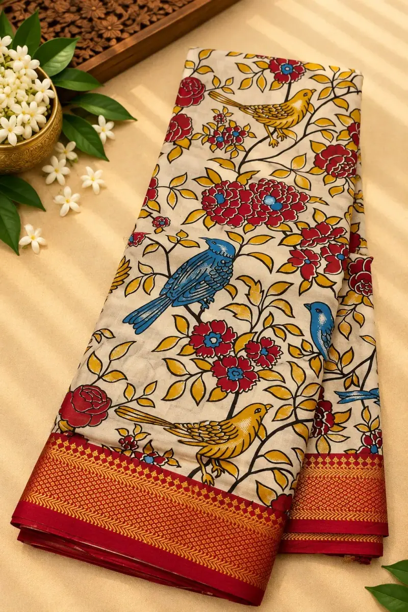 Nizam Border Silk Saree – Cream Birds and Roses