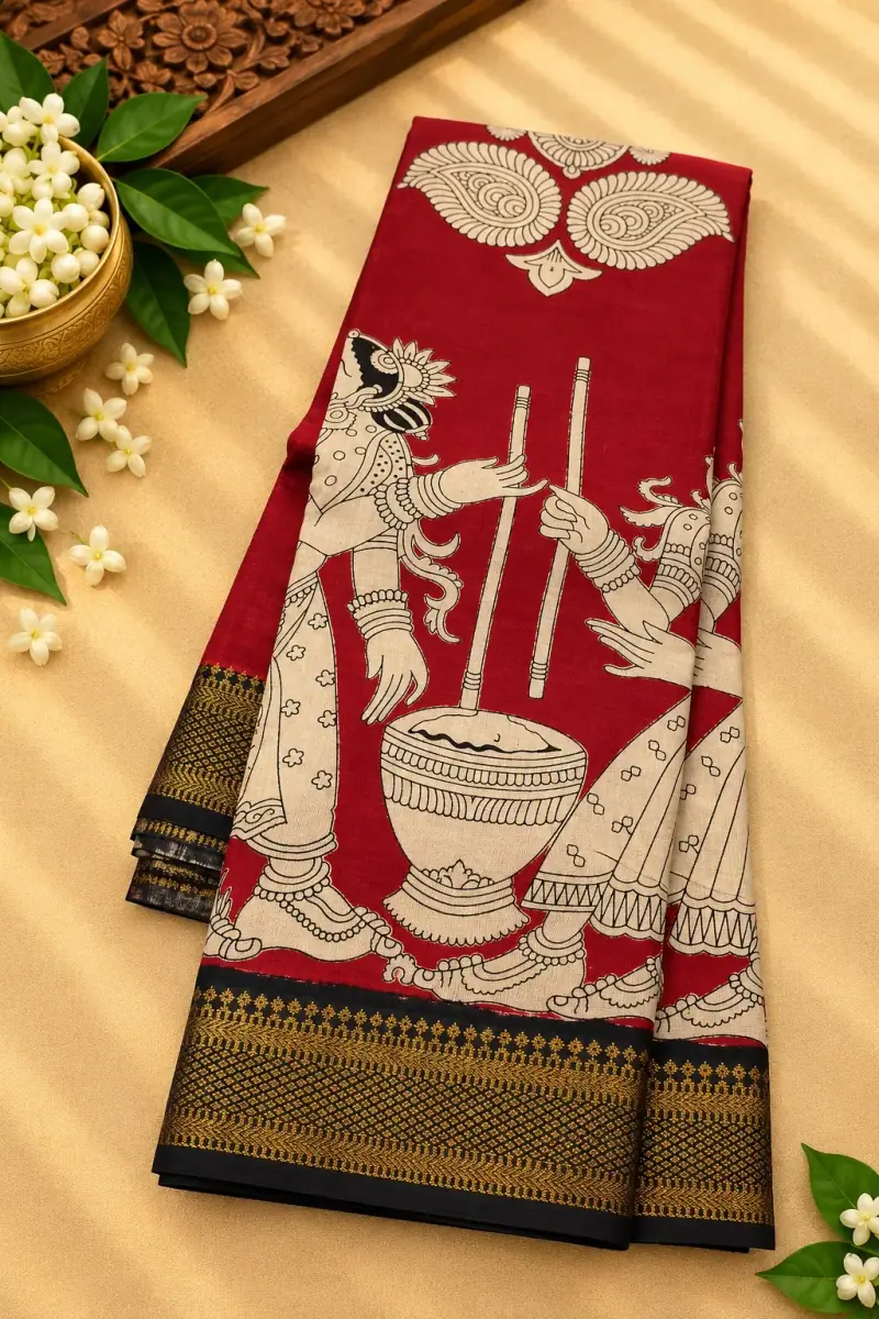 Nizam Border Silk Saree – Red Women Churning Butter