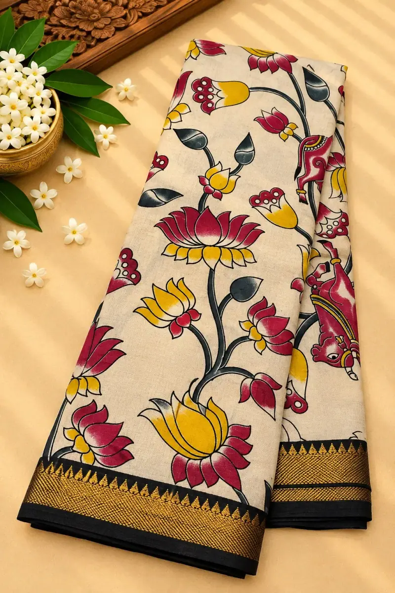 Nizam Border Silk Saree – Cream Pink Lotus Plant