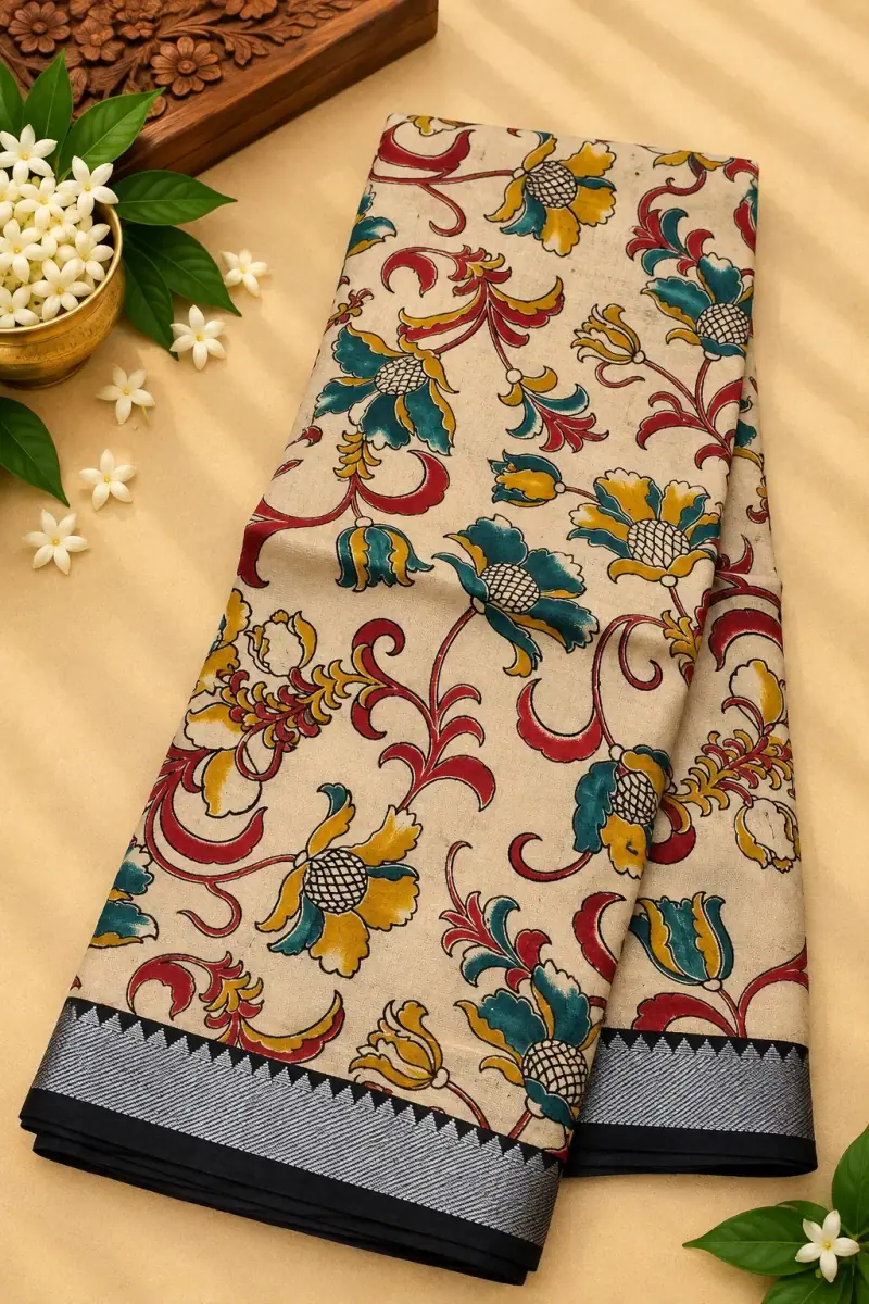 Nizam Border Silk Saree – Cream Floral Scroll