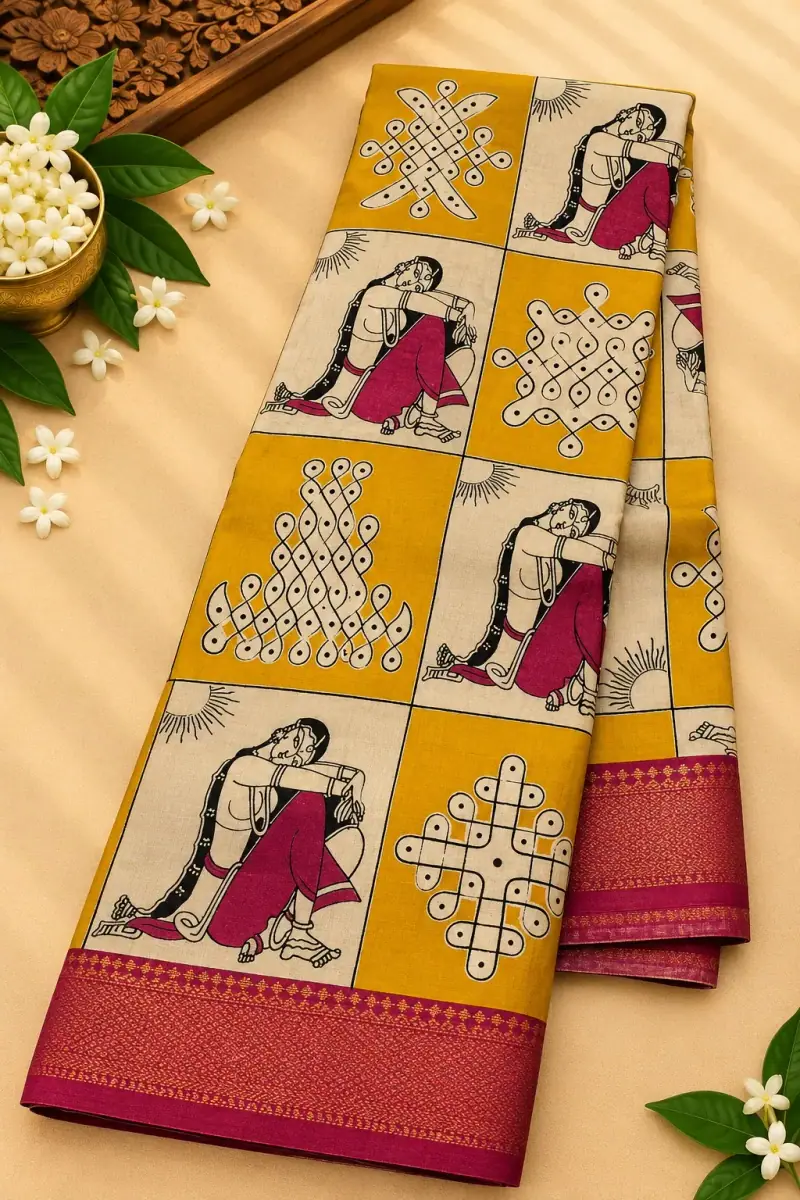 Nizam Border Silk Saree – Mustard Women and Kolam Panels