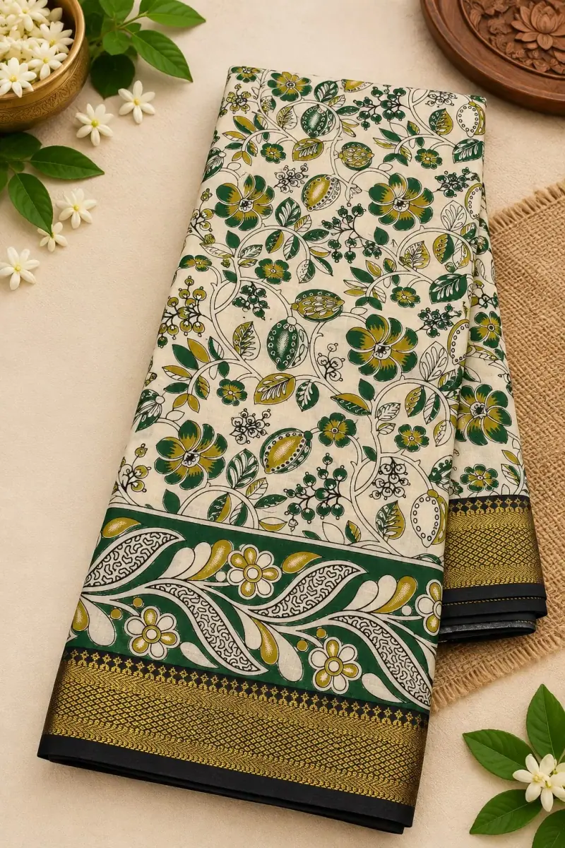 Nizam Border Silk Saree – Cream Green Floral
