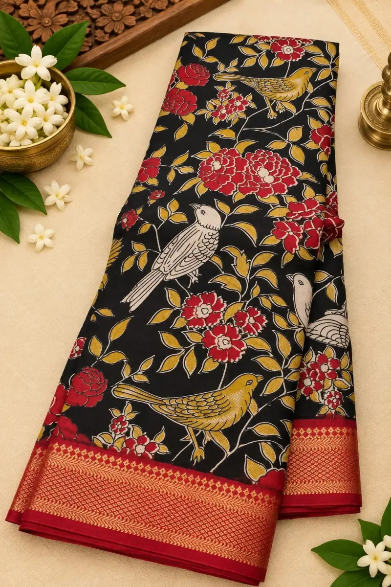 Nizam Border Silk Saree – Black Birds and Roses