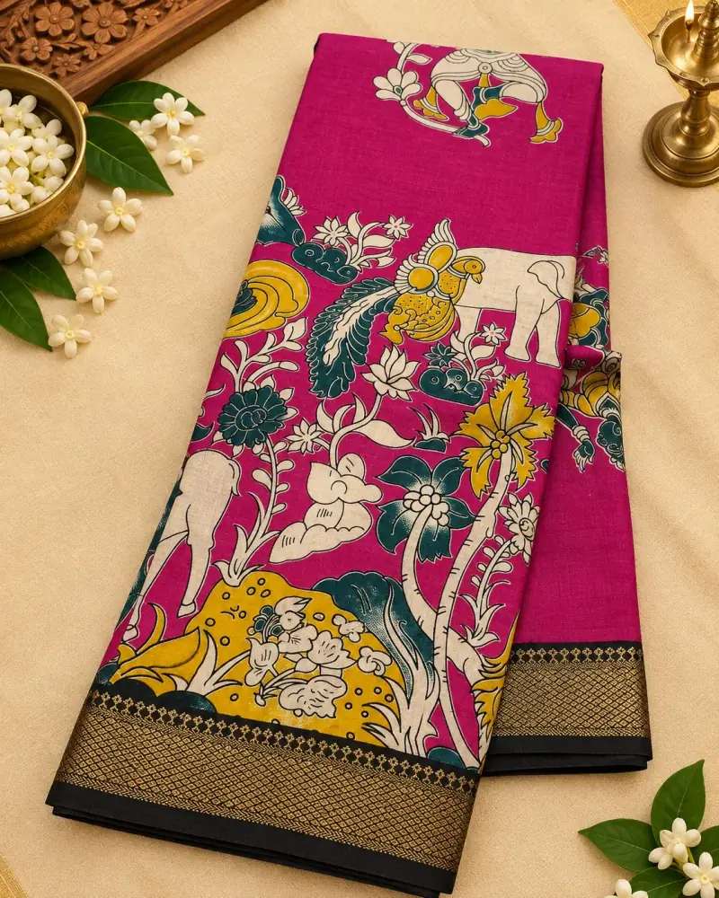 Nizam Border Silk Saree – Pink Forest Scene