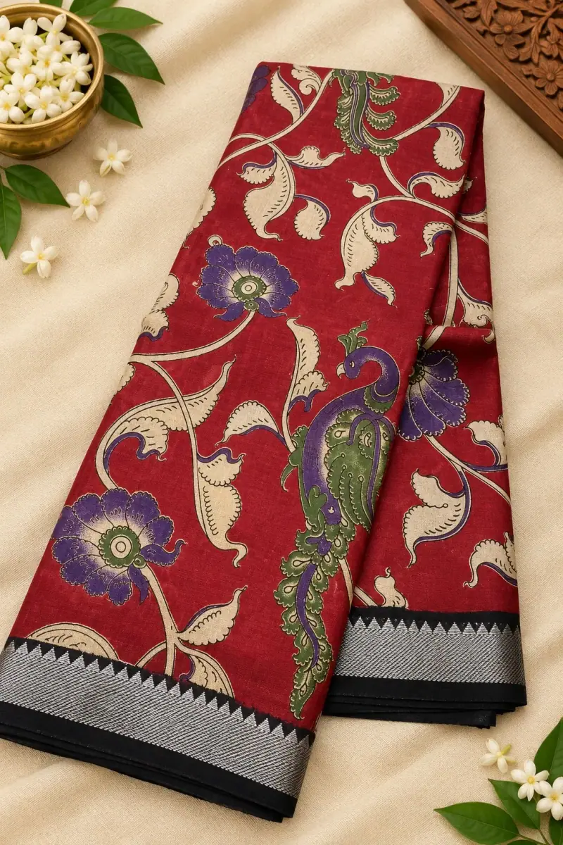 Nizam Border Silk Saree – Red Peacock Floral