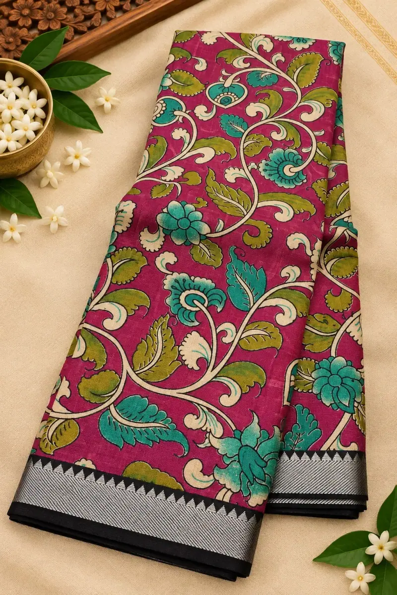 Nizam Border Silk Saree – Magenta Teal Floral Vine