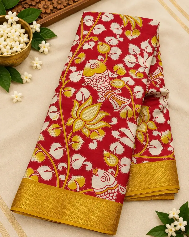 Nizam Border Silk Saree – Red Lotus and Fish
