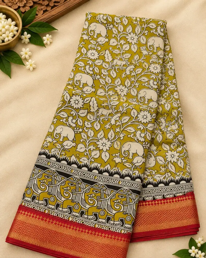 Nizam Border Silk Saree – Olive Elephant Floral