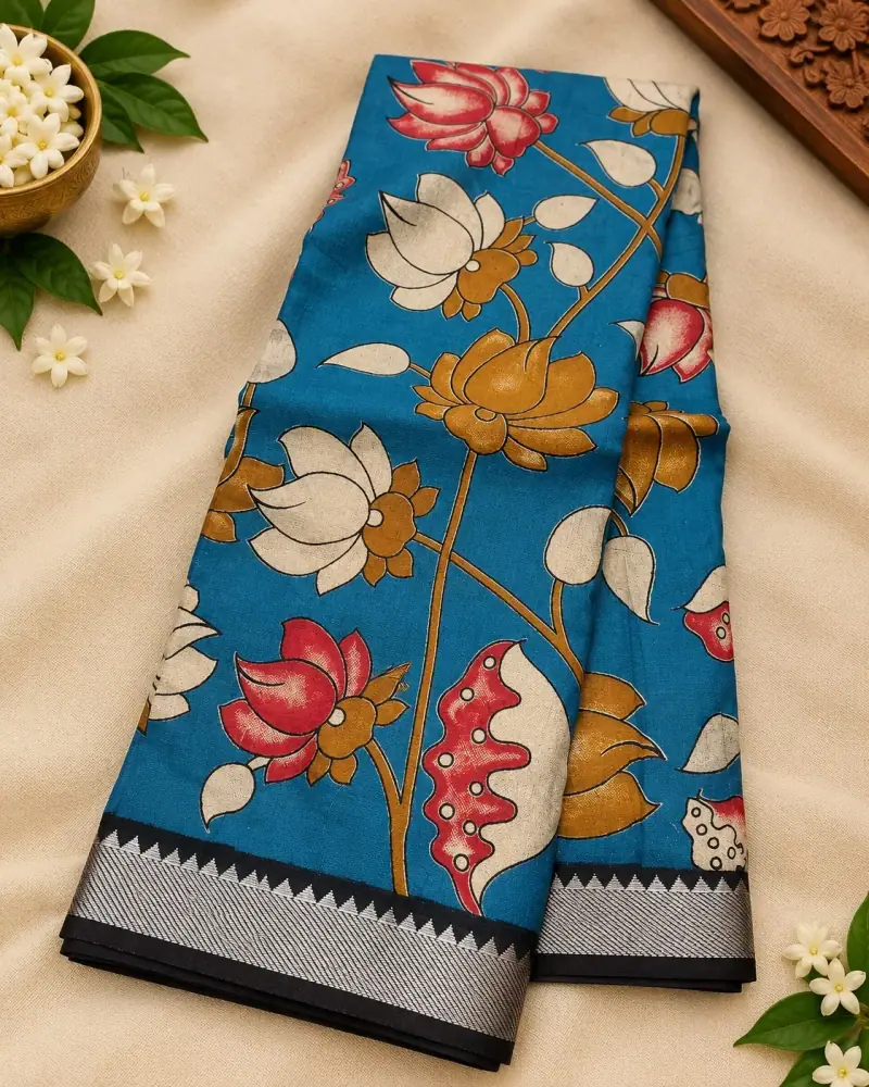 Nizam Border Silk Saree – Sky Blue Lotus Garden