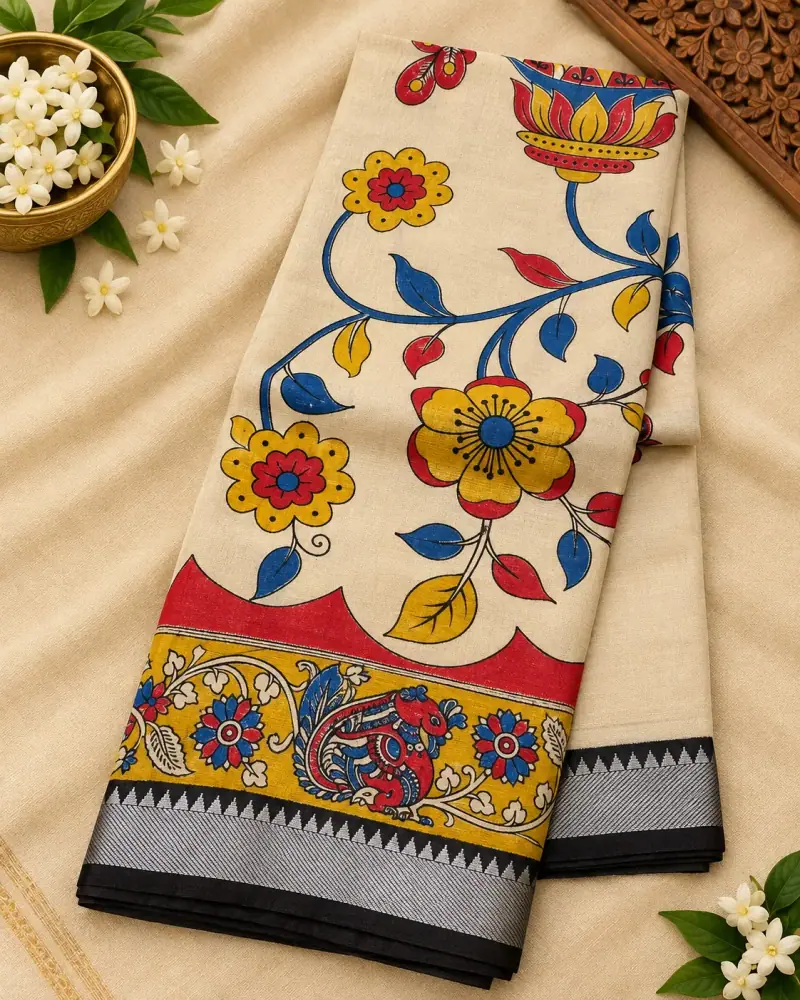 Nizam Border Silk Saree – Cream Lotus Pot and Peacock