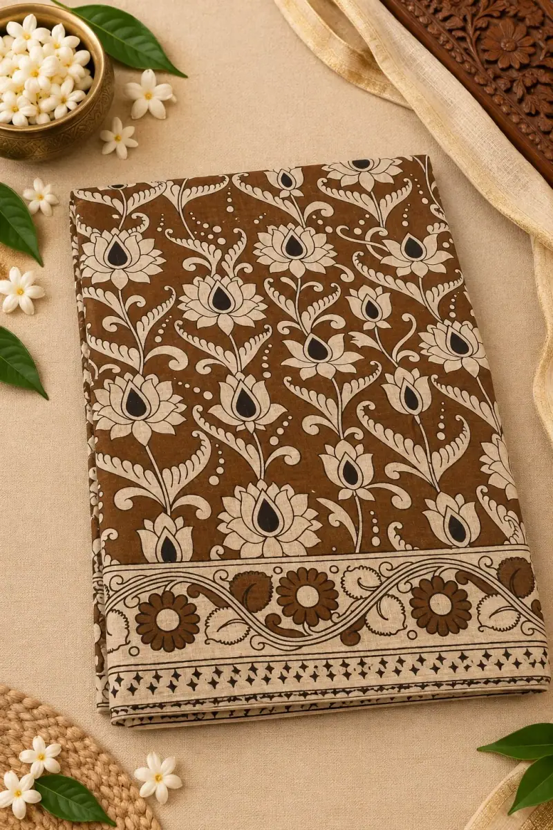 Kalamkari Cotton Saree – Lotus Bud Design
