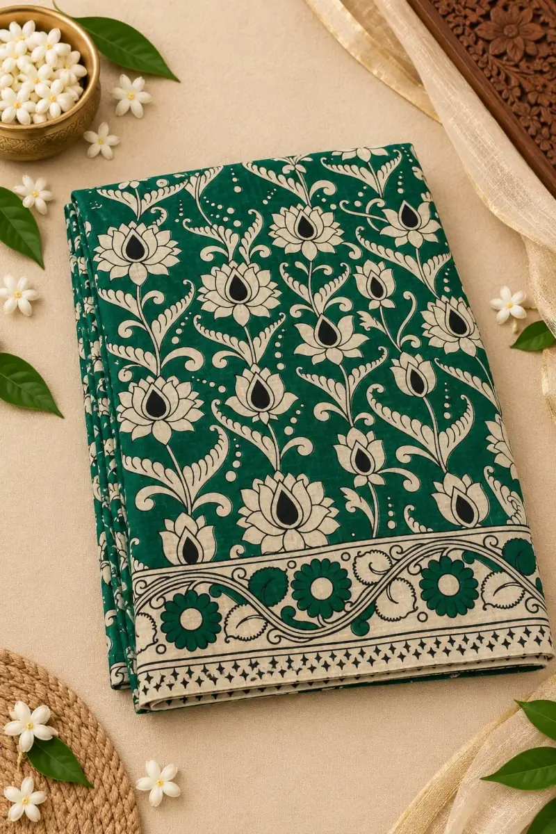 Kalamkari Cotton Saree – Lotus Bud Design