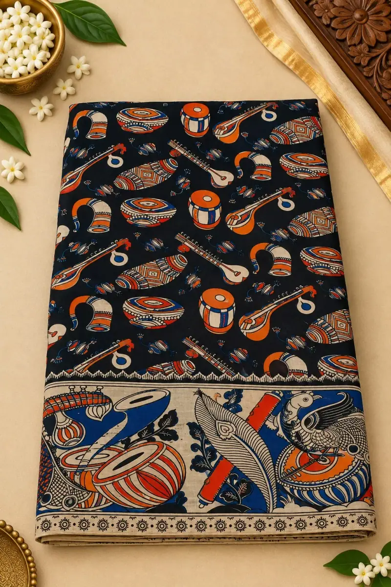 Kalamkari Cotton Saree – Musical Instruments Design
