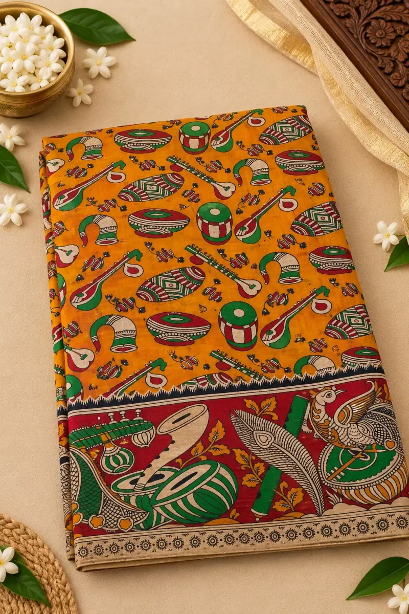 Kalamkari Cotton Saree – Musical Instruments Design