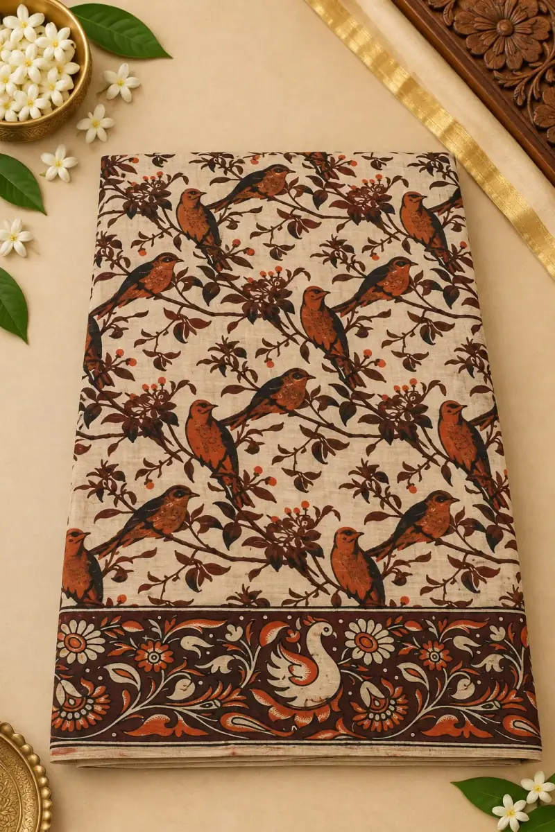 Kalamkari Cotton Saree – Perched Birds Design