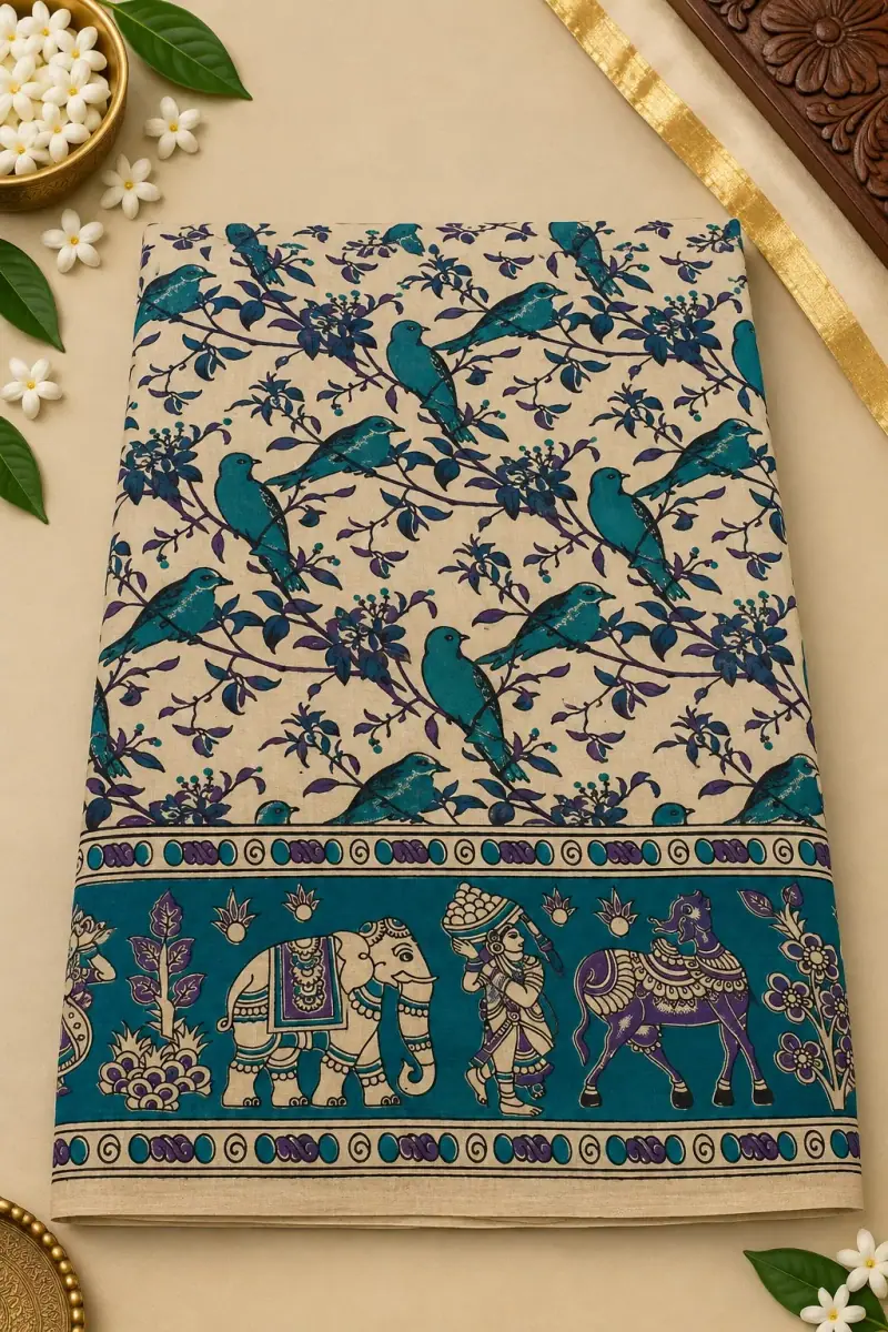 Kalamkari Cotton Saree – Perched Birds Design
