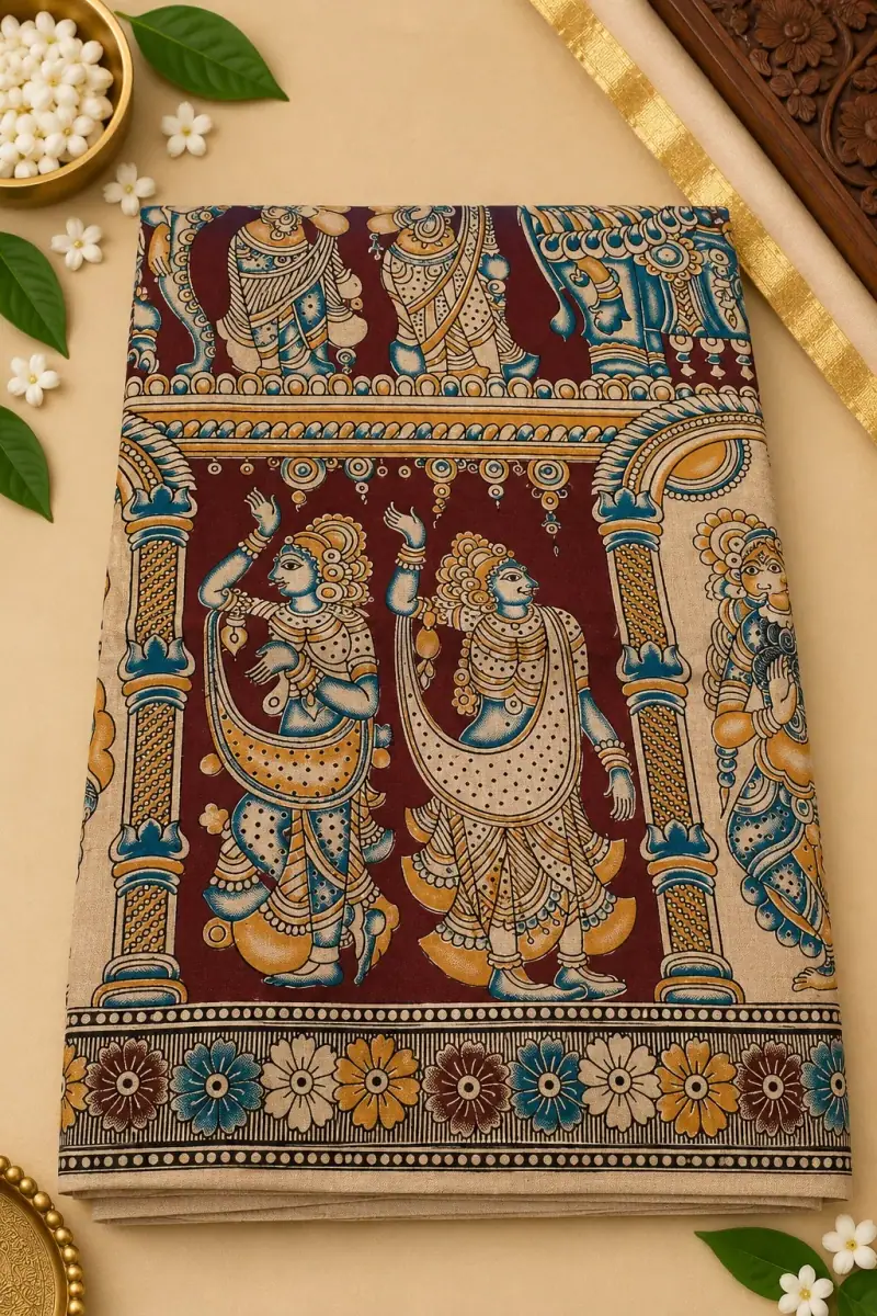 Kalamkari Cotton Saree – Temple Dancers Design